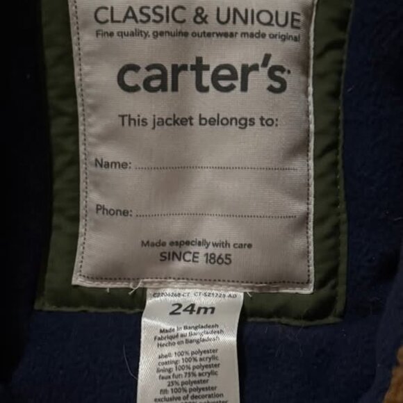 Carter’s Winter Parka Olive Green 24M Faux Fur Hood - Picture 2 of 4